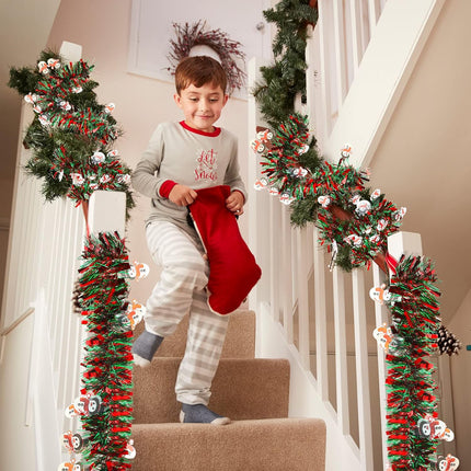 Christmas Tinsel Garland Artificial Christmas Garland Xmas Metallic Twist Hanging Garland Fireplace Mantel Wreath Decor for Staircase Railing Indoor Outdoor Ornaments (Snowman Style,19.7 Feet)