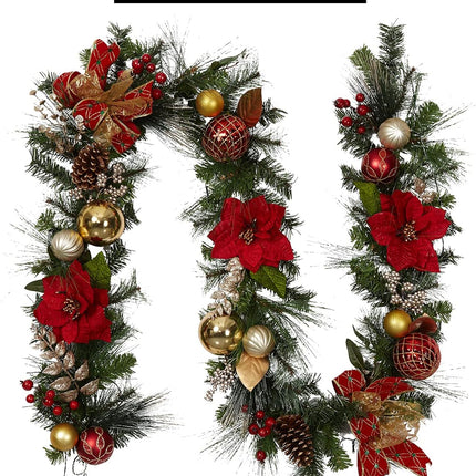 Christmas Garland with Lights, 9 ft Pre-lit Red Gold Christmas Garland with Ball Ornaments Pine Cones Battery Operated Lights for Mantle Fireplace Outdoor Home Holiday Party Decor