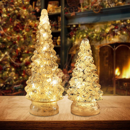 PHITRIC Christmas Decorations Indoor, 2 PCS Sparkling Glass Christmas Tree Table Decorations with LED Lights, Lighted Xmas Tree Decorations with Timer for Home Mantel Shelf Table Decor