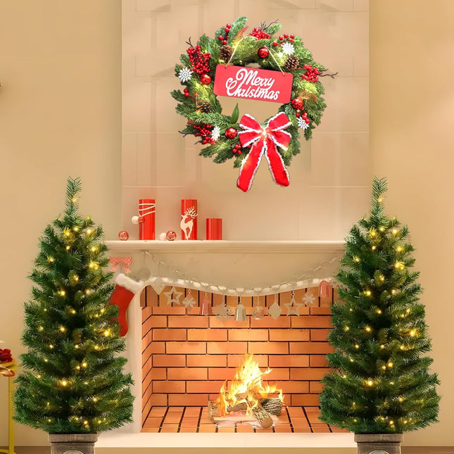 Pre-Lit Artificial Christmas Wreath，BEHONA 21 inch Christmas Snowflake Decorations Wreath Artificial with Lights, Ribbons, Pine Cones for Outdoor Indoor Window Mantle Christmas Decorations