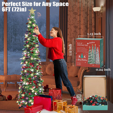 HMASYO 6 FT Pop Up Christmas Tree with 100 LED Lights & Remote, Green Tinsel Artificial Pencil Christmas Tree Xmas Decoration for Home, Office, Party, USB Powered Timer Lights, Easy Assembly