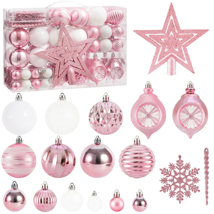 100PCS Christmas Tree Balls Ornaments Set with Christmas Tree Topper, Black Christmas Ornaments Sets for Christmas Tree, Shatterproof Hanging Christmas Tree Decorations (Pink+White)