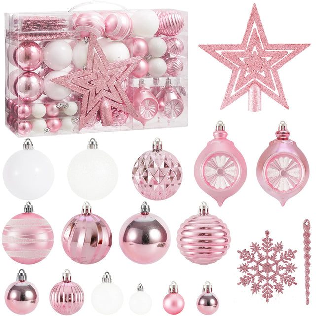 100PCS Christmas Tree Balls Ornaments Set with Christmas Tree Topper, Black Christmas Ornaments Sets for Christmas Tree, Shatterproof Hanging Christmas Tree Decorations (Pink+White)