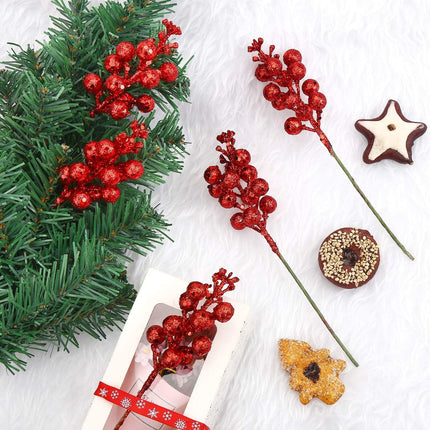 CCINEE 20pcs Glitter Christmas Red Berry Stems,7.8Inch Xmas Artificial Glitter Berry Branches for Christmas Tree Ornaments DIY Xmas Wreath Picks Crafts Home and Holiday Decor