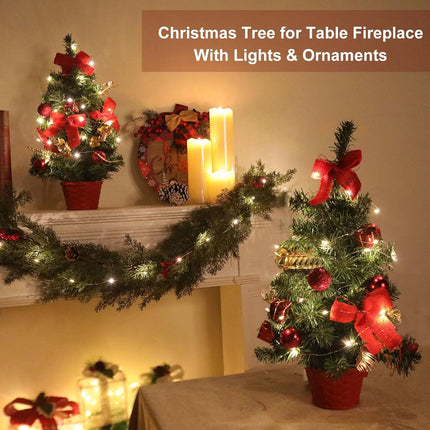 2PACK GRANDEAL 20 Inch Lighted Tabletop Mini Christmas Tree, Artificial Small Christmas Tree with Lights with Timer, Red Pot Box Bows Ornaments Christmas Decoration, Holiday Indoor Decoration