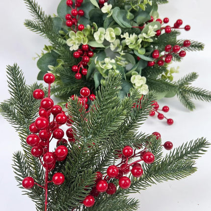CIEOVO 54 Pieces Christmas Picks, 36 Artificial Pine Needles Branches Garland and 18 Christmas Picks Artificial Red Berry Stems Fake Holly Berries for Christmas Tree 0rnaments DIY Wreath Vase Holiday