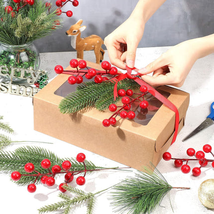 100 Pieces Artificial Pine Needles Branches and Artificial Red Berry Stems Fake Greenery Pine Picks Christmas Red Berry Picks Holly Berries Branches Christmas Fake Tree Branches for DIY Garland Wreath
