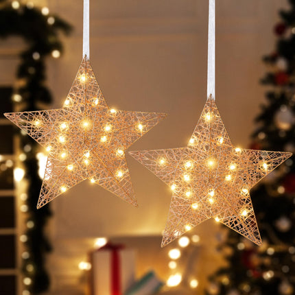 Lewondr Hanging Light Star Shape, 11.8 Inch Lighted Decorative Hanging Ornament, Battery Operated Iron Wire LED Decor Light for Xmas Holiday Room Home Party for Christmas, Timer Function, Rose Gold