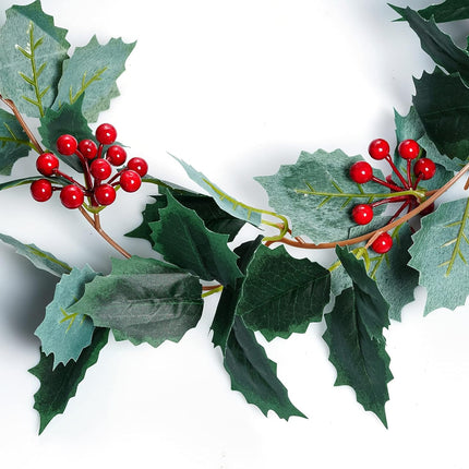 jiebor Christmas Garland Red Berry Green Leaf Garland Artificial Holly Leaves Garland for Christmas Tree Mantle Fireplace Winter Holiday Home Outdoor Indoor Front Door Window Wall Decorations 5.7Ft