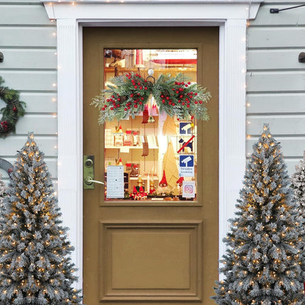 SHACOS 26 inch Artificial Christmas Swags Frosted Flocked Cedar Swag with Pine Cones Red Berries and Bells Xmas Mailbox Swag Front Door Windows Wall Swag Mantel Table Holiday Decor Indoor Outdoor