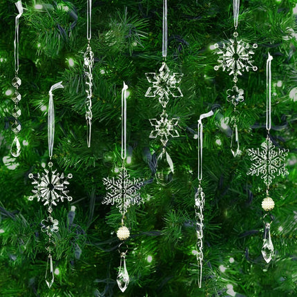 18pcs Christmas Tree Decoration Crystal Ornaments - Hanging Acrylic Christmas Snowflake Icicle Drop Crystal Ornaments for Christmas Tree Winter Year Party Supplies