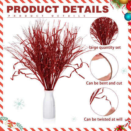 Christmas Glitter Curly Tree Picks Wispy Willow Stem Glittered Twigs Decor Wreath Garland Floral Arrangement Glitter Stems for Xmas Tree Decor(Red,24 Pcs)