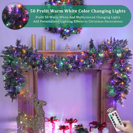Remote Control&Timer - 9Ft by 12Inch Prelit Christmas Garland Decorations Snowy Thick Garland with 50 Colorful Lights 8 Modes 250 Branch Tips 20 Canyon Pines 10 Pinecones Xmas Garland Mantle Fireplace
