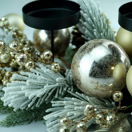 YULETIME 28" Christmas Triple Candelabrum, Holiday Candle Holder with Three Trays, Gold Baubles, Golden Berries & Leaves, Snowy Flocked Pine Needles (Gold)