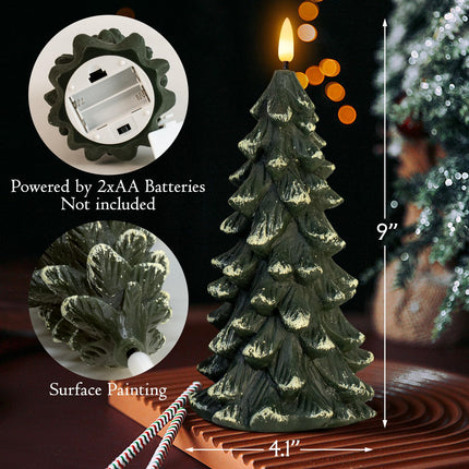 Christmas Tree Shaped Flickering Flameless Candles, Green Real Wax Battery Operated LED Candles with Timer for Christmas Home Party Decoration Christmas Set of 2