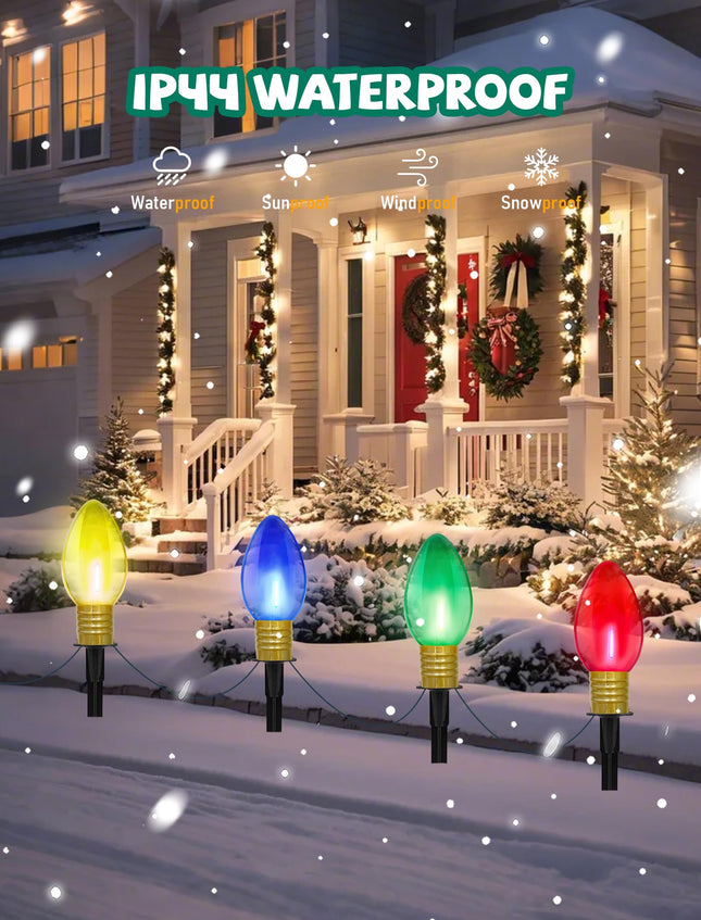 C9 Outdoor Christmas Pathway Lights, Set of 4 Outdoor Lawn Christmas Lights with C9 Clear Multicolored Jumbo LED Bulbs, 7Ft Connectable Marker Stake Lights for Holiday Outside Yard Garden Decor