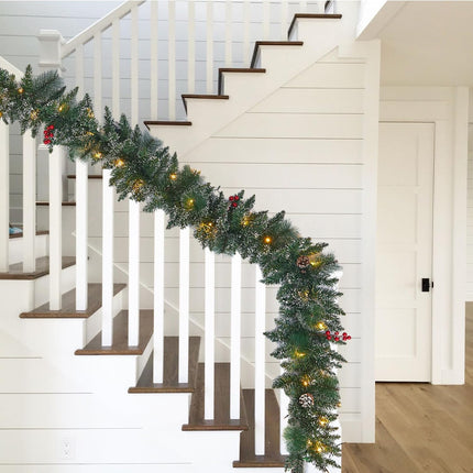 9 Ft Christmas Garland with Lights - Realistic Snow Prelit Christmas Garland with Pine Cones Red Berries Xmas Garland with Timer for Fireplace Railing Door Christmas Decor (Battery NOT Included)
