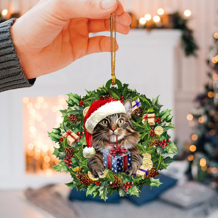 Talataca Maine Coon Cat 2D Flat Christmas Ornament, Gato Maine Coon Wearing A Christmas Hat Wreath Pine Tree Decor, Hanging House Charm Eve Keepsake, Car Rear View Mirror Accessories, Xmas