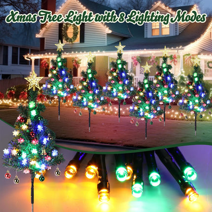 6 Pack Christmas Tree Pathway Lights Outdoor 120 LED Xmas Tree Light with 8 Lighting Modes Star Tree Topper Candy Cane Plug-in Light for Garden Yard Lawn Holiday Decor(Snow Flocked)