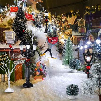 14 Pcs Christmas Accessories Village Figurine Miniature Pine Trees Snow Artificial Christmas Trees Bare Branch Trees Street Lights Lamps for Xmas DIY Crafts Winter Room Landscape (Vibrant Style)