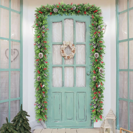 LAVEVE Pre-lit Christmas Garland 9 FT, Battery Operated 100 Lights Garland with Cedar Cones and Red Berries, Outdoor Indoor Christmas Decorations for Mantle, Stairs, Front Porch