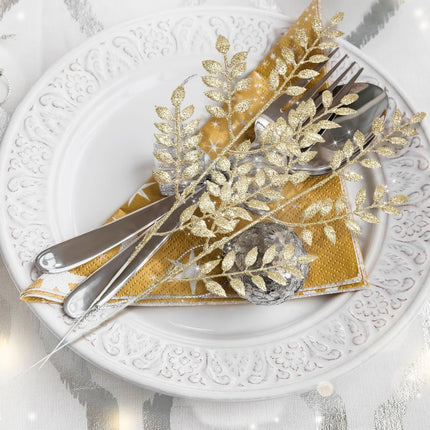 Zeyune 100 Pcs 14.6 Inch Glitter Artificial Christmas Picks Shinny Leaf Spray Christmas Tree Picks and Sprays Floral Picks for Xmas Winter Wreath Vase Fillers DIY Floral Arrangements (Champagne Gold)