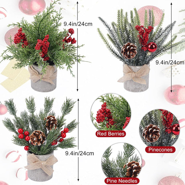 HUAESIN Small Christmas Table Decorations 9.4 Inch Tabletop Mini Christmas Centerpiece Potted Christmas Tree with Pinecones and Berries, Xmas Fake Plants for Tables Home Mantel Holiday Decor, 3 Pack