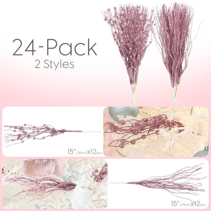 Sea Team 24-Pack Artificial Glitter Berry Stem Ornaments, Decorative Bead Sticks, Glittery Twigs, Picks, Branches for Christmas Tree, Small Vase, Holiday, Wedding, Party (15 Inches, Pink)
