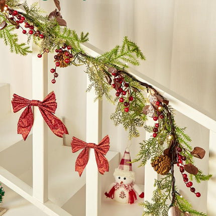 Brightown Christmas Garland with Lights, Battery Operated, 6 Ft 20 LED Lighted Pine Leaves Garland Decorated with Pine Cones, Berry, Eucalyptus Leaves, Indoor Christmas Lights for Mantle Stairs Wall