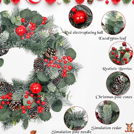 22 Inch Christmas Wreath Christmas Wreaths for Front Door Artificial Winter Wreath with Red Balls Holly Berries Pine Cones and Eucalyptus Leaves for Xmas Holiday Wall Fireplace Porch
