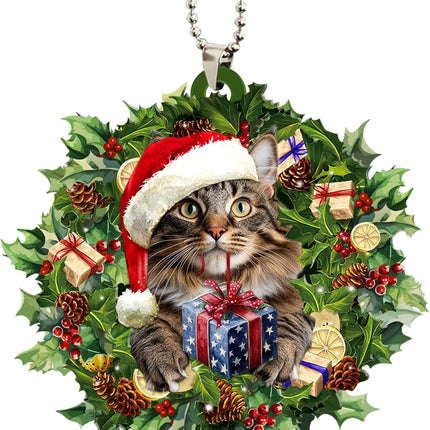 Talataca Maine Coon Cat 2D Flat Christmas Ornament, Gato Maine Coon Wearing A Christmas Hat Wreath Pine Tree Decor, Hanging House Charm Eve Keepsake, Car Rear View Mirror Accessories, Xmas