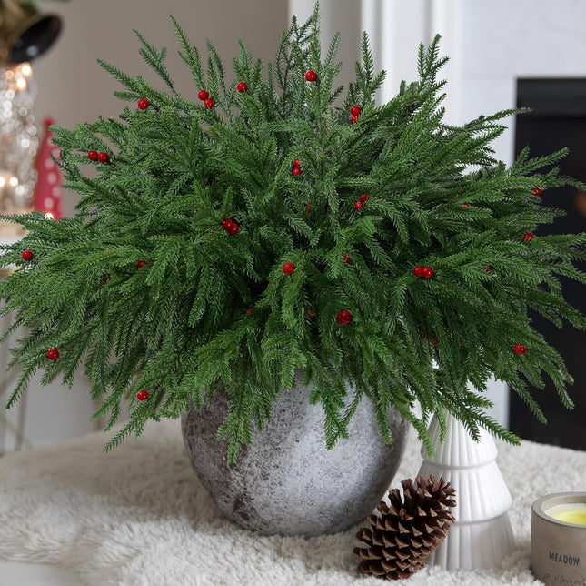 Artificial Faux Christmas Norfolk Pine Evergreen Stems Branches for Vases,12 Bundles Fake Green Real Touch Feel Greenery Stem with Berry for Xmas Holiday Winter Table Indoor Decoration