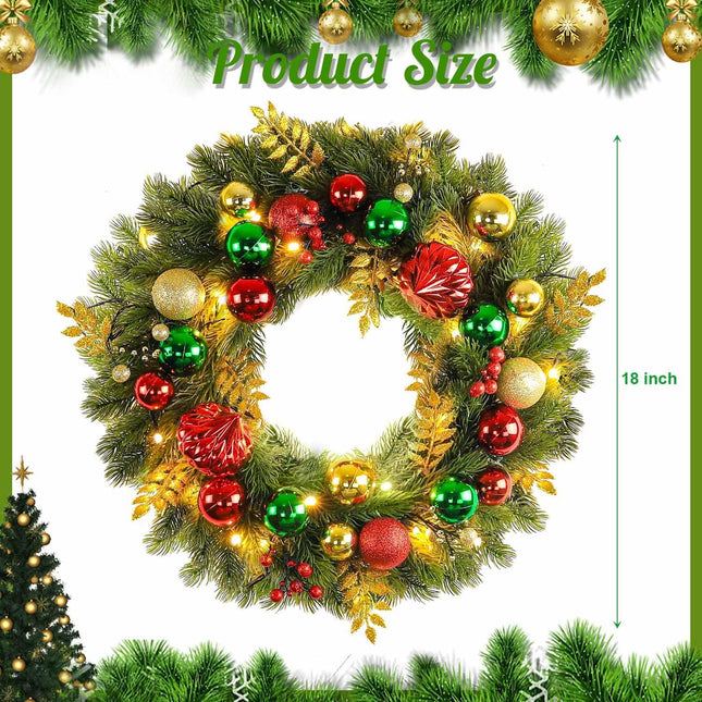 18 Inch Pre-Lit Artificial Christmas Wreath with 40 Lights, Red and Green Christmas Ball for Front Door Indoor Outdoor Farmhouse Festival Home Décor