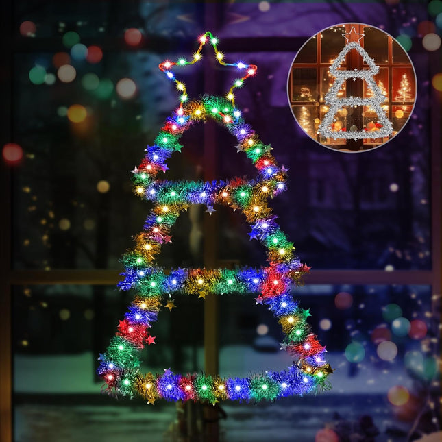 LED Christmas Decorations Lights, 2.2ft Multicolor and Warm White Lighted Christmas Tree with Silver Tinsel, Battery Operated Hanging Lights for Indoor Outdoor, Window Wall Door Home Decor