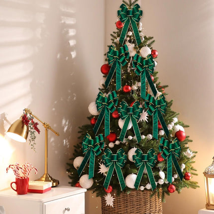 Lenwen 12 Pcs Large Christmas Bows 11 x 19.6 inch Velvet Christmas Wreath Bows Christmas Tree Topper Bow with Golden Edge Big Xmas Ornament for Wreath Home Front Door Decor (Green)