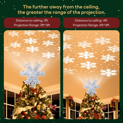 Christmas Tree Topper Lighted Star Tree Topper with Rotating Snowflake Projector Lights, LED Silver Snowflakes Tree Topper for Xmas Tree Decorations (Silver Snow)