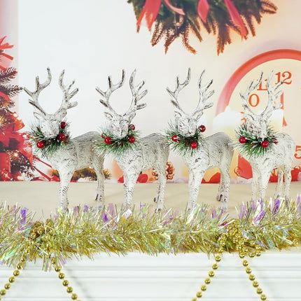 iPEGTOP 4Pcs Christmas Reindeers Deer Figurine Decor, 8.5" White Rustic Winter Deer with Pine Branch Wreath Red Berries Collar, Christmas Elk Tabletop Standing Statues Decorations