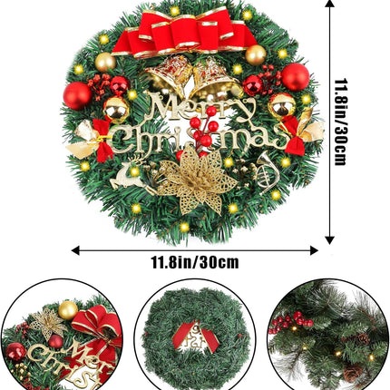 12inch Christmas Wreath with LED Light String, Luminous Wall Mount Door Wreath, Celebrating Holiday Merry Christmas Decoration for Outdoor Indoor Party Table Room