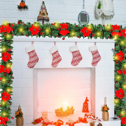 Yingzhao 2 Pcs Pre-lit 9ft Christmas Garlands with 17.7'' Artificial Xmas Wreath Poinsettia Christmas Garland Decorations with Large Red Bows Wreath Hanger for Holiday Fireplace Pathway Home Decor