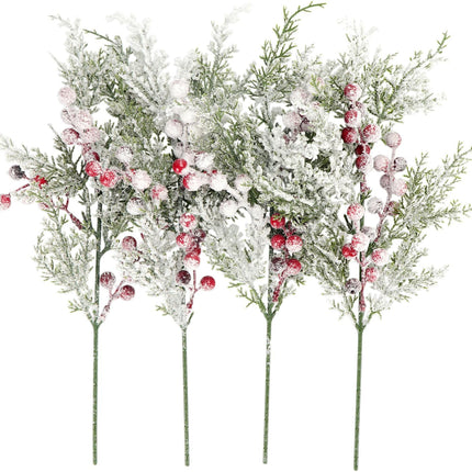 Pack of 4 Artificial Frosted Pine Branches with Red Berries 17" Snowy Christmas Tree Picks Winter Greenery Sprays White Fake Cedar Holly Berry Stems for Vase Fillers Craft Wreath Holiday Décor (Red)