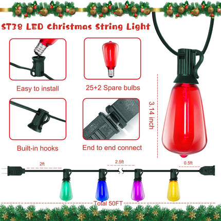 LED Outdoor String Lights Waterproof 50FT Christmas Patio Lights with 27 ST38 Shatterproof Multicolor Bulbs(2 Spare), Connectable Outside Hanging Christmas Lights for Backyard Yard Gazebo Porch Party