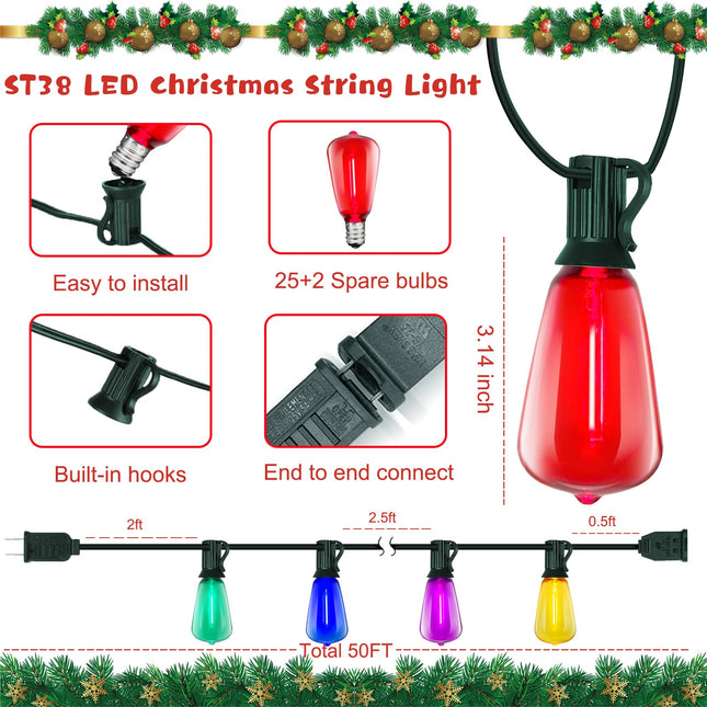 LED Outdoor String Lights Waterproof 50FT Christmas Patio Lights with 27 ST38 Shatterproof Multicolor Bulbs(2 Spare), Connectable Outside Hanging Christmas Lights for Backyard Yard Gazebo Porch Party
