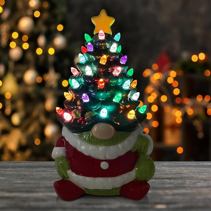 pinata Ceramic Christmas Tree Lighted, Christmas Gnome s for Women Men Kids, Light up Mantle Table Decor Christmas Decorations Indoor Green Gnome Table Centerpieces for Living Room