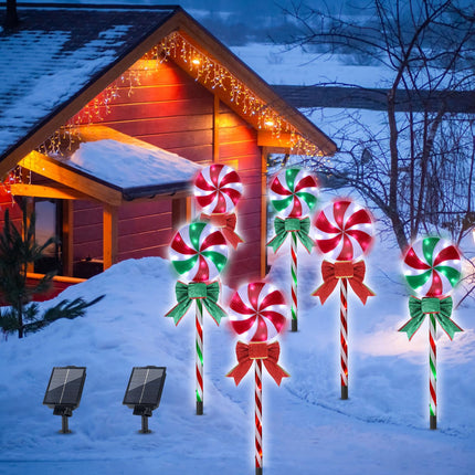 6 Pack 27.5" Christmas Lollipop Pathway Lights with Bows Outdoor Green Red White Solar Lights Christmas LED Decor with 8 Lighting Modes Candy Cane Lollipops Peppermint Stake Lights