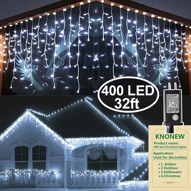 KNO Christmas Lights Outdoor Decorations 400 LED 33ft 8 Modes Curtain Fairy String Light with 75 Drops, Clear Wire LED String Light Decor for Wedding Party Holiday Christmas Decorations Cool White