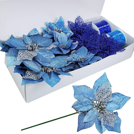 Winlyn 26 Set 3 Style Christmas Blue Glitter Poinsettia Flowers Picks Xmas Tree Ornaments and 12 Yards Decorative Blue Glittered Wired Ribbon for Blue Christmas Tree Wreath Garland Holiday Décor