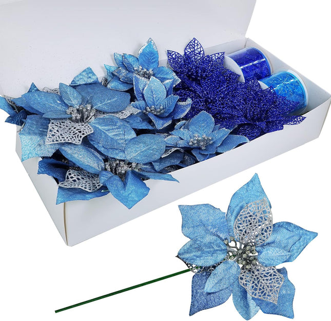 Winlyn 26 Set 3 Style Christmas Blue Glitter Poinsettia Flowers Picks Xmas Tree Ornaments and 12 Yards Decorative Blue Glittered Wired Ribbon for Blue Christmas Tree Wreath Garland Holiday Décor
