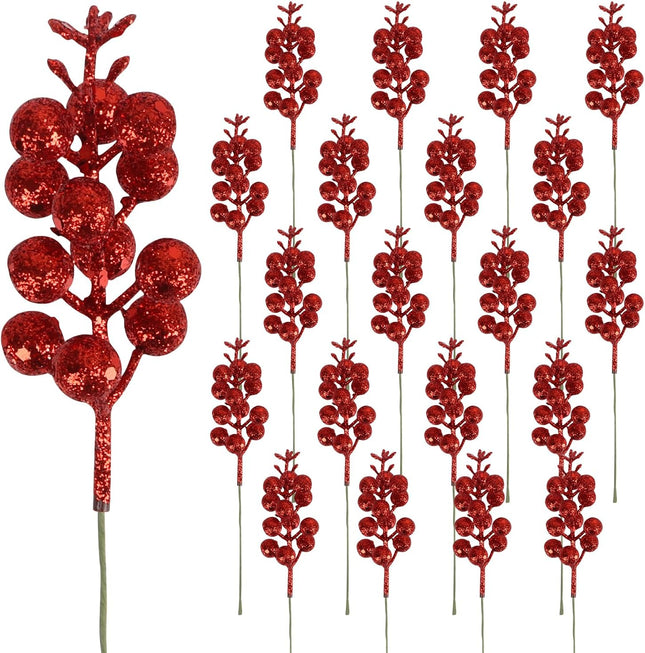 CCINEE 20pcs Glitter Christmas Red Berry Stems,7.8Inch Xmas Artificial Glitter Berry Branches for Christmas Tree Ornaments DIY Xmas Wreath Picks Crafts Home and Holiday Decor