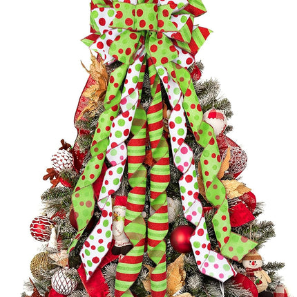 Large 45"x13" Christmas Tree Topper Bow, Green Tree Topper Christmas Decoration, Red & Green Polka Dot Polyester Ribbon Bow for Christmas, Xmas Ornament Holiday Home Indoor/Outdoor