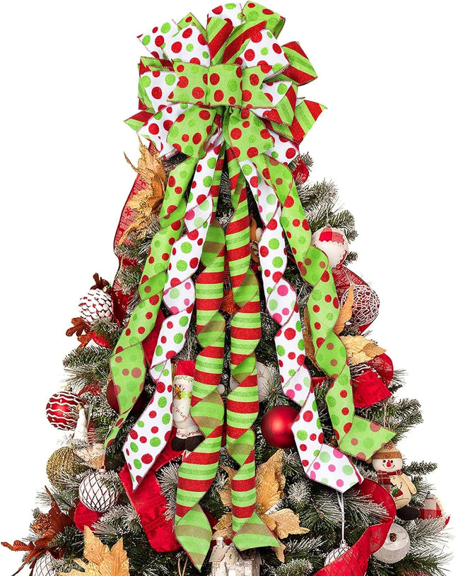 Large 45"x13" Christmas Tree Topper Bow, Green Tree Topper Christmas Decoration, Red & Green Polka Dot Polyester Ribbon Bow for Christmas, Xmas Ornament Holiday Home Indoor/Outdoor